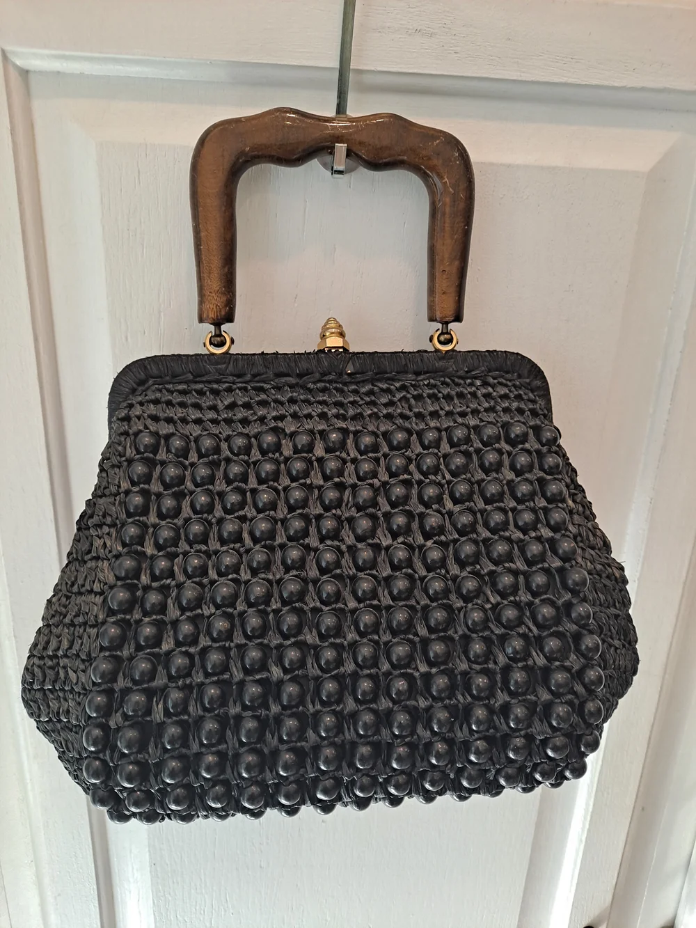 Bags By Dominic Italian Rare 50s Vintage Black Woven Beaded Wood Top-Handle